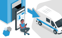 customer placing online order, delivery van on way, represents ecommerce fulfillment efficiency