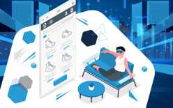 woman wearing virtual goggles shopping in living room, ecommerce metaverse