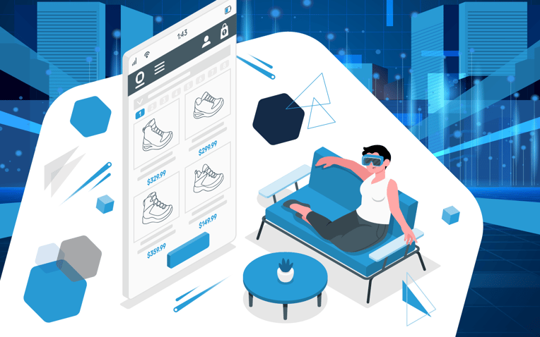 woman wearing virtual goggles shopping in living room, ecommerce metaverse