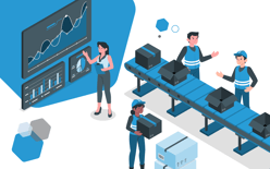 warehouse with packages, people and graphs, representing using best practices for ecommerce warehousing to streamline layout, fulfillment, labor and overall operations