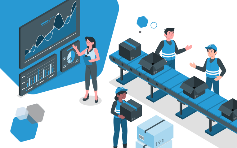 warehouse with packages, people and graphs, representing using best practices for ecommerce warehousing to streamline layout, fulfillment, labor and overall operations