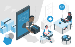 man with package in screen that says just for you and two office employees on laptops