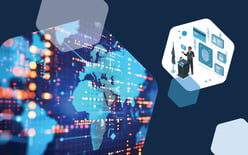 digital map, illustration of man standing at podium with fingerprint lock representing supply chain security