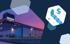 Amazon delivery van in front of building with hexagon and graphics and percent symbol, representing starting and growing your business on Amazon