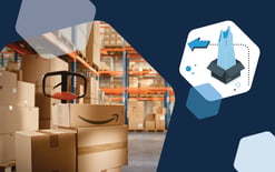 inside of an Amazon warehouse, a box with a product and an arrow coming out it
