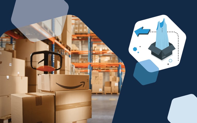 inside of an Amazon warehouse, a box with a product and an arrow coming out it