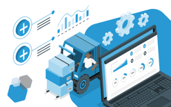 warehouse truck with boxes and graphs with warehouse management system features
