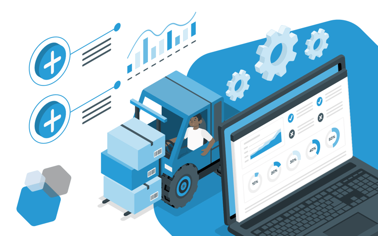 warehouse truck with boxes and graphs with warehouse management system features