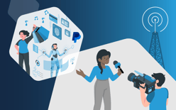 news anchor with musical notes PayPal and payment method