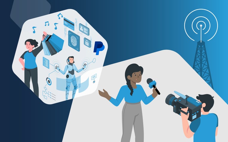 news anchor with musical notes PayPal and payment method