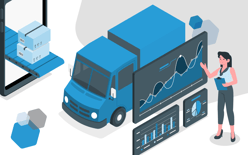 woman reviewing fulfillment logistics graph, delivery truck in background