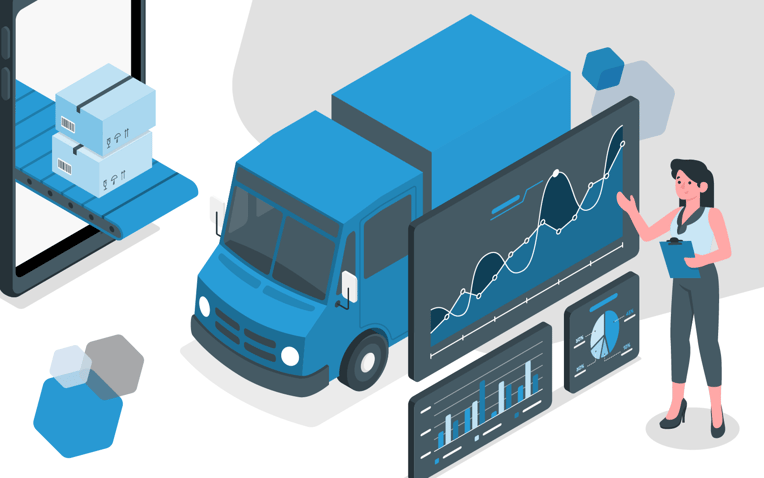woman reviewing fulfillment logistics graph, delivery truck in background