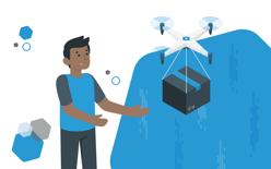 man standing next to drone carrying box, represents leveraging automation in fulfilment operations