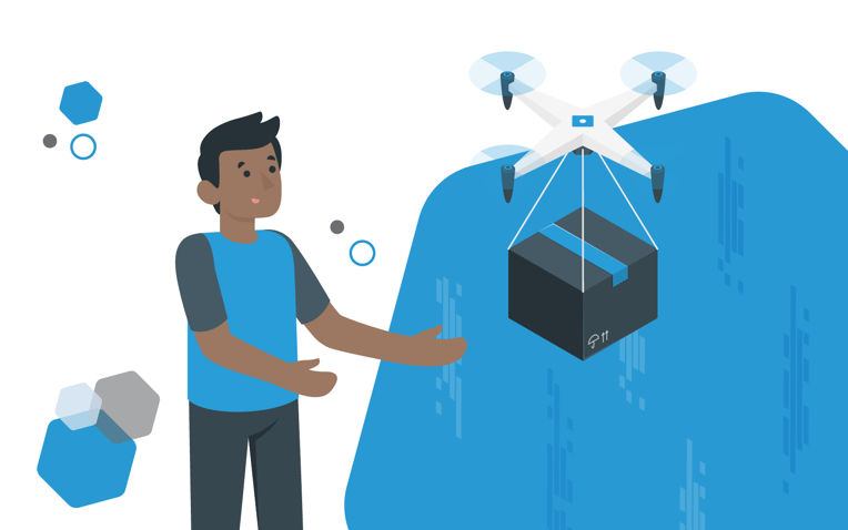 man standing next to drone carrying box, represents leveraging automation in fulfilment operations