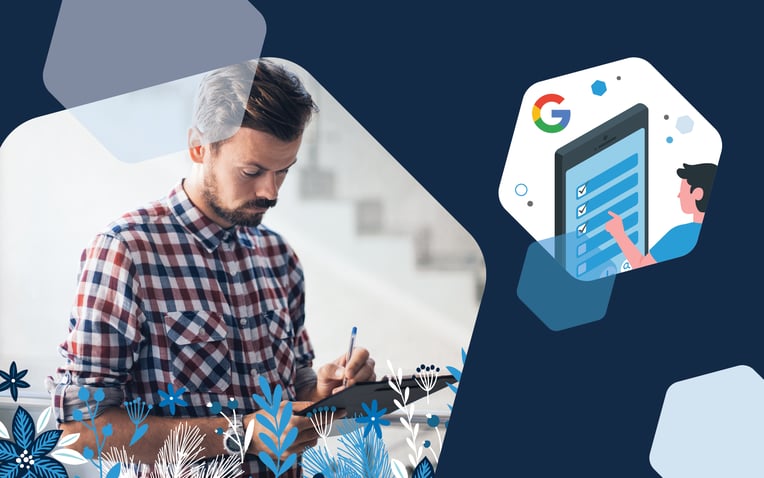 man on tablet, closeup illustration of tablet with a checklist and Google logo above