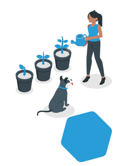 illustration of woman watering plants with dog sitting nearby