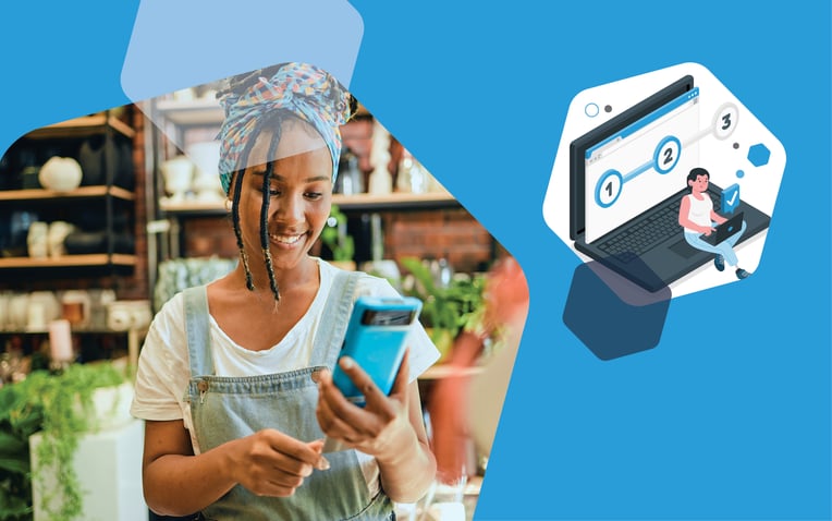 woman on phone with credit card and hexagon with person on laptop and the numbers 1, 2, and 3, representing mapping the buyer's journey and measuring the customer experience for each stage