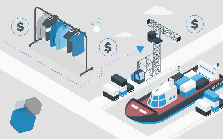rack of clothes, dollar sign, and port, representing how a 3PL can help apparel retailers navigate recent policy and tariff changes