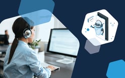 customer service agent with headset on computer and hexagon with robot
