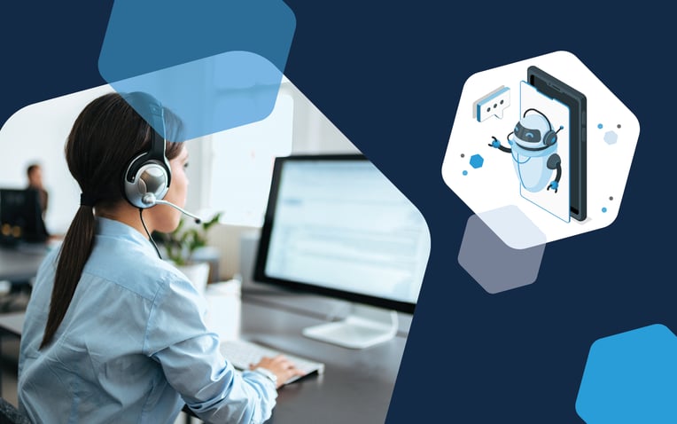 customer service agent with headset on computer and hexagon with robot