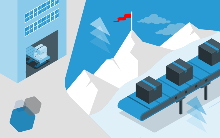 warehouse and conveyor belt with packages and mountain backdrop with red flag, representing your 3PLs peak performance and signs it might be time to switch providers