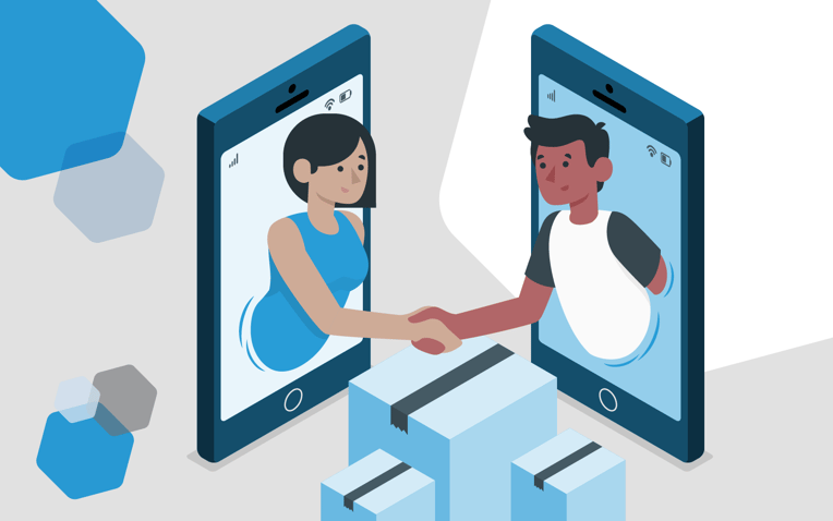 two people shake hands over packages