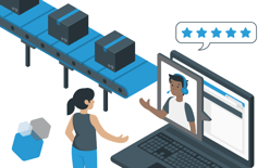 shipping boxes on conveyor belt woman talking to customer service on screen and five start rating