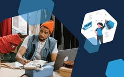 man in orange hat on laptop with notebook, clothes, and packages next to hexagon with woman holding up a bag next to a Black Friday tag, representing strategies to continue to have sales after BFCM