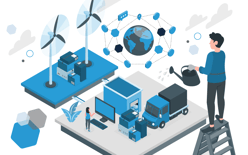trucks, packages, and windmills and a person watering the scene, depicting the growth of a more sustainable supply chain