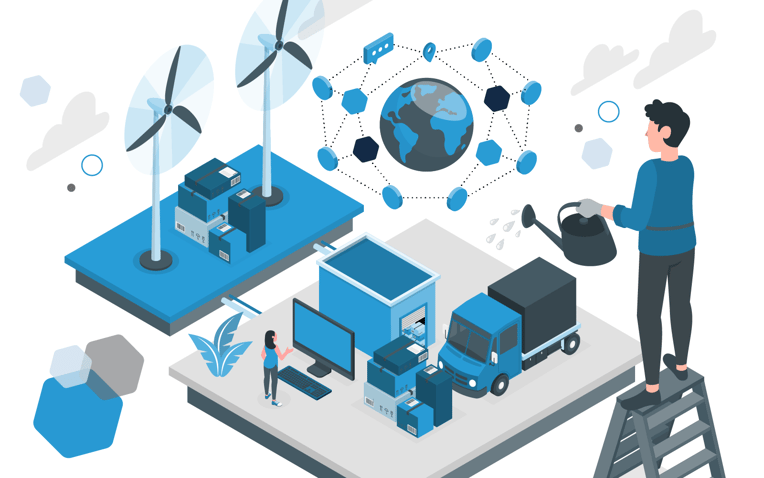 trucks, packages, and windmills and a person watering the scene, depicting the growth of a more sustainable supply chain