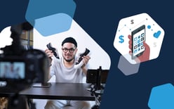 man making shoe product video for paid ad campaign, illustration of hand holding phone with app icons