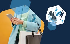 woman with phone and shopping bag and hexagon with shopping cart, lightning bolts, and words Black Friday, representing the intensity and challenges of BFCM shopping weekend and how to handle challenges as they arise