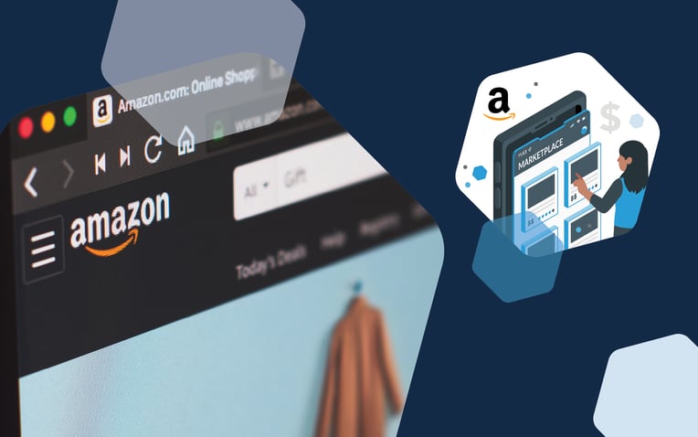 amazon screen with orange coat, hexagon with amazon logo and woman on screens, representing optimization of product listings