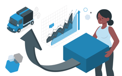 woman holding box with arrow pointing toward delivery truck, representing value-added services in fulfillment and how they improve the customer experience