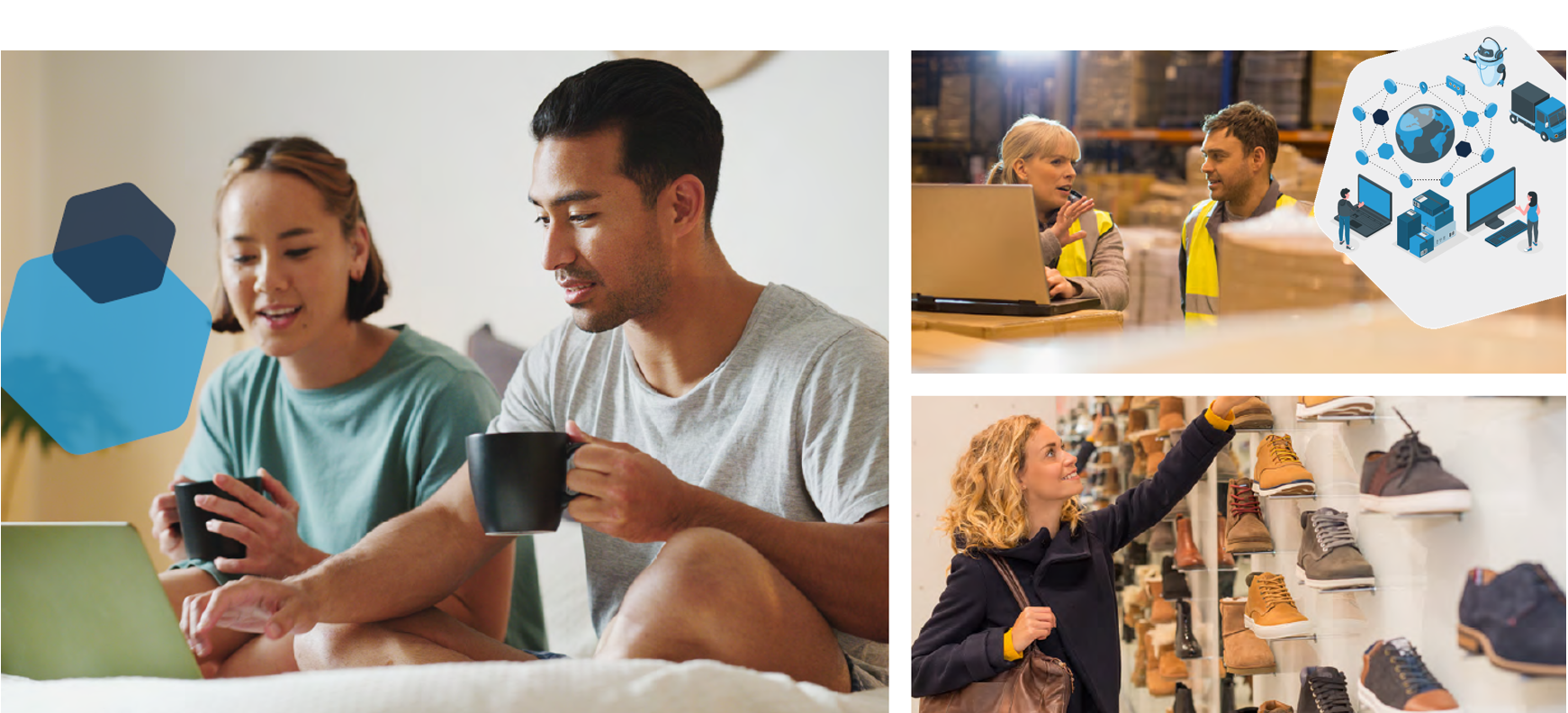 collage of photos, couple drinking coffee while shopping on laptop, fulfillment warehouse employees, woman shopping for shoes in store