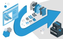 large looped arrow surrounding shoes, clothes and packages, represents reverse commerce