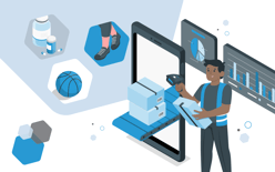 warehouse employee with scanner and package with charts and images of shoes, supplements, and a basketball, representing the industries 3pls serve