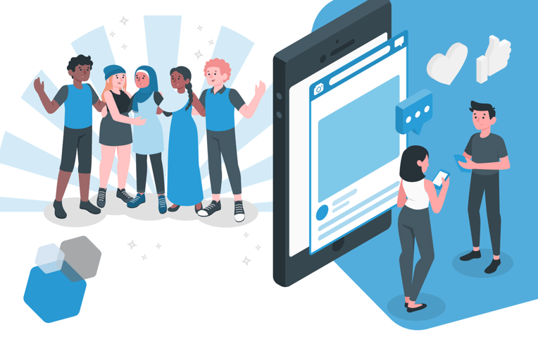 group of Gen Z, Millennials and Zillennials, man and woman interacting on mobile devices