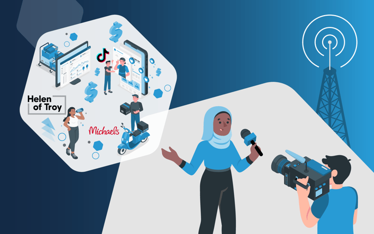 news anchor and cameraman reporting on commerce trend news including brands Helen of troy, tiktok and michael's
