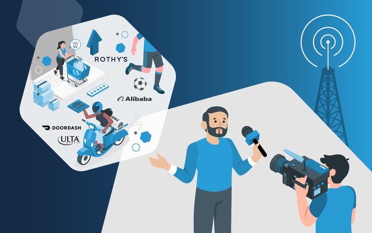 news anchor reporting on trending commerce news including doordash, Ulta, rothy's and alibaba ecommerce brands
