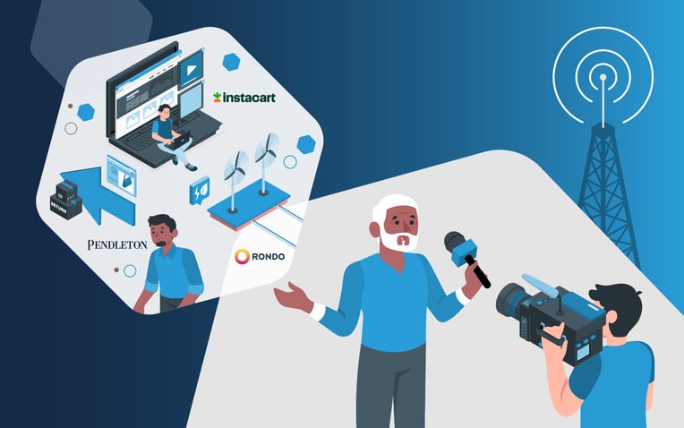 news anchor reporting on trending brands in ecommerce including Pendleton apparel, instacart, and orando