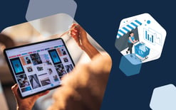 digital storefront on tablet, graphic of woman with shopping cart next to charts, representing digital storefront optimization