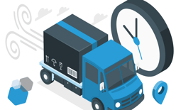 last-mile delivery truck with large box with barcode and clock