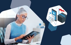 woman on tablet and hexagon with data, package and flag, representing the use of date to strategize a successful peak season