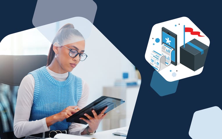 woman on tablet and hexagon with data, package and flag, representing the use of date to strategize a successful peak season