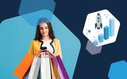woman looking at phone while holding shopping bags, illustration of rocket taking off