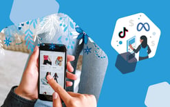 person shopping on social shop via mobile phone with ex that includes tiktok and meta symbols, representing the strategies brands can use to encourage social shopping during the holiday season