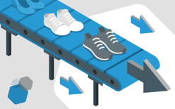 illustration of shoes on conveyor belt at footwear fulfillment center