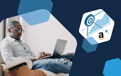 man on laptop, amazon logo and bullseye, representing strategic advertising on Amazon Marketplace