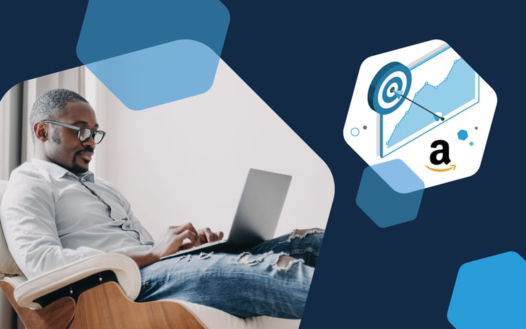 man on laptop, amazon logo and bullseye, representing strategic advertising on Amazon Marketplace